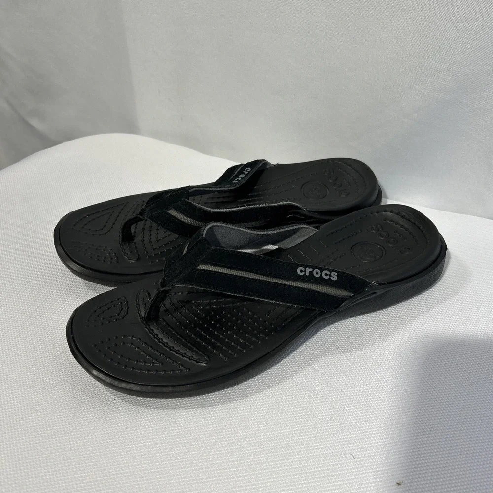 Crocs Flip Flops Capri Leather Rubber Thong Sandals Men's Size 9 Black